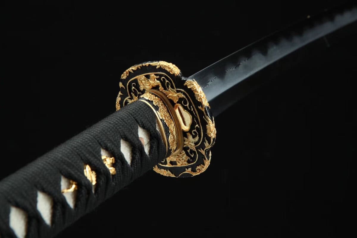 Black Katana Golden Flower Tsuba