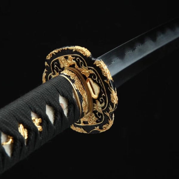 Black Katana Golden Flower Tsuba