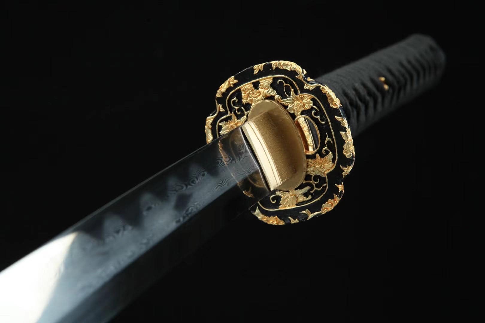 Black Katana Golden Flower Tsuba