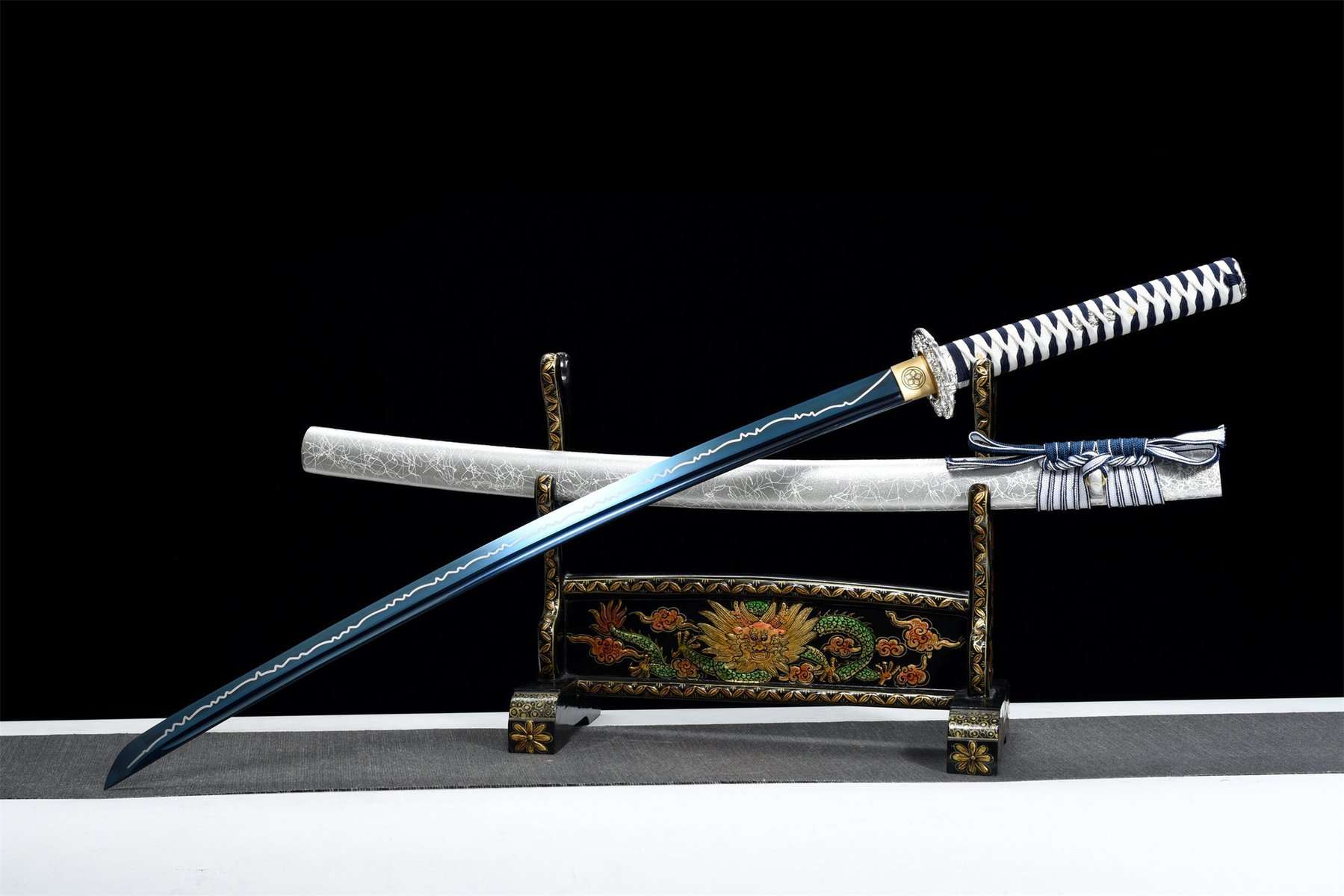 Black And White Handle Blue Blade Katana