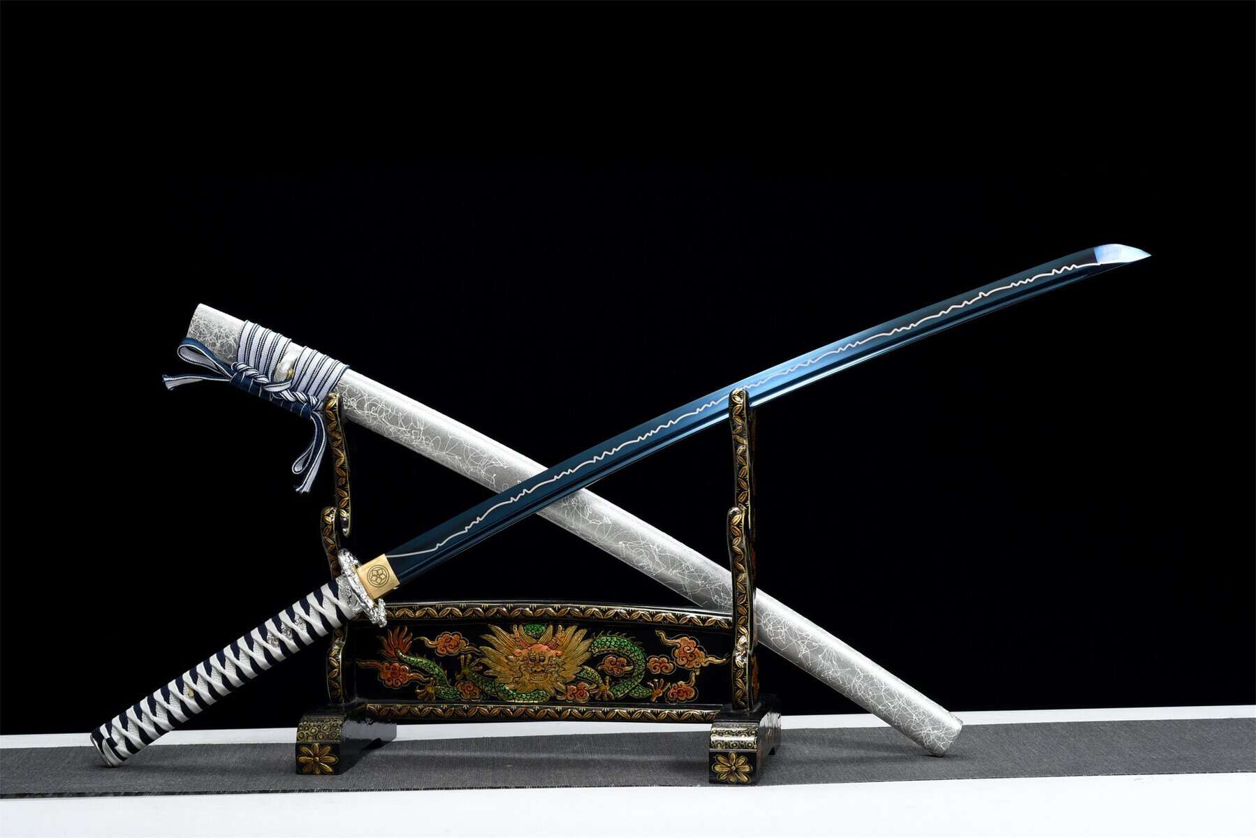 Black And White Handle Blue Blade Katana