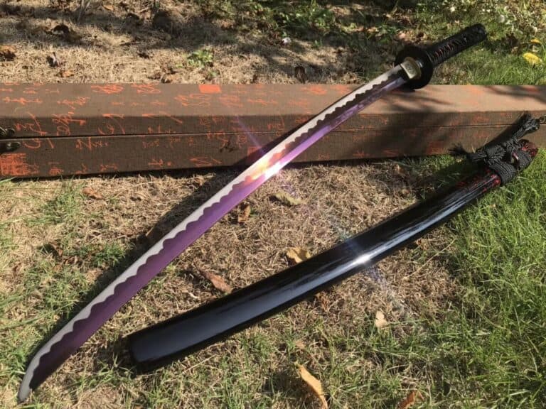 Purple Samurai Katana Sword with Black Scabbard on Grass.