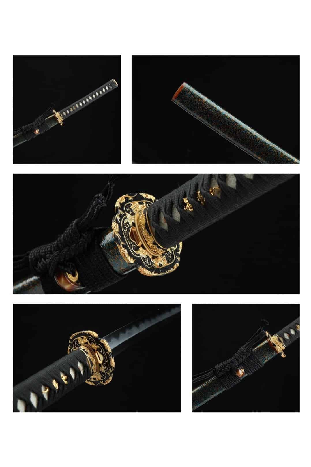 Black Katana Golden Flower Tsuba