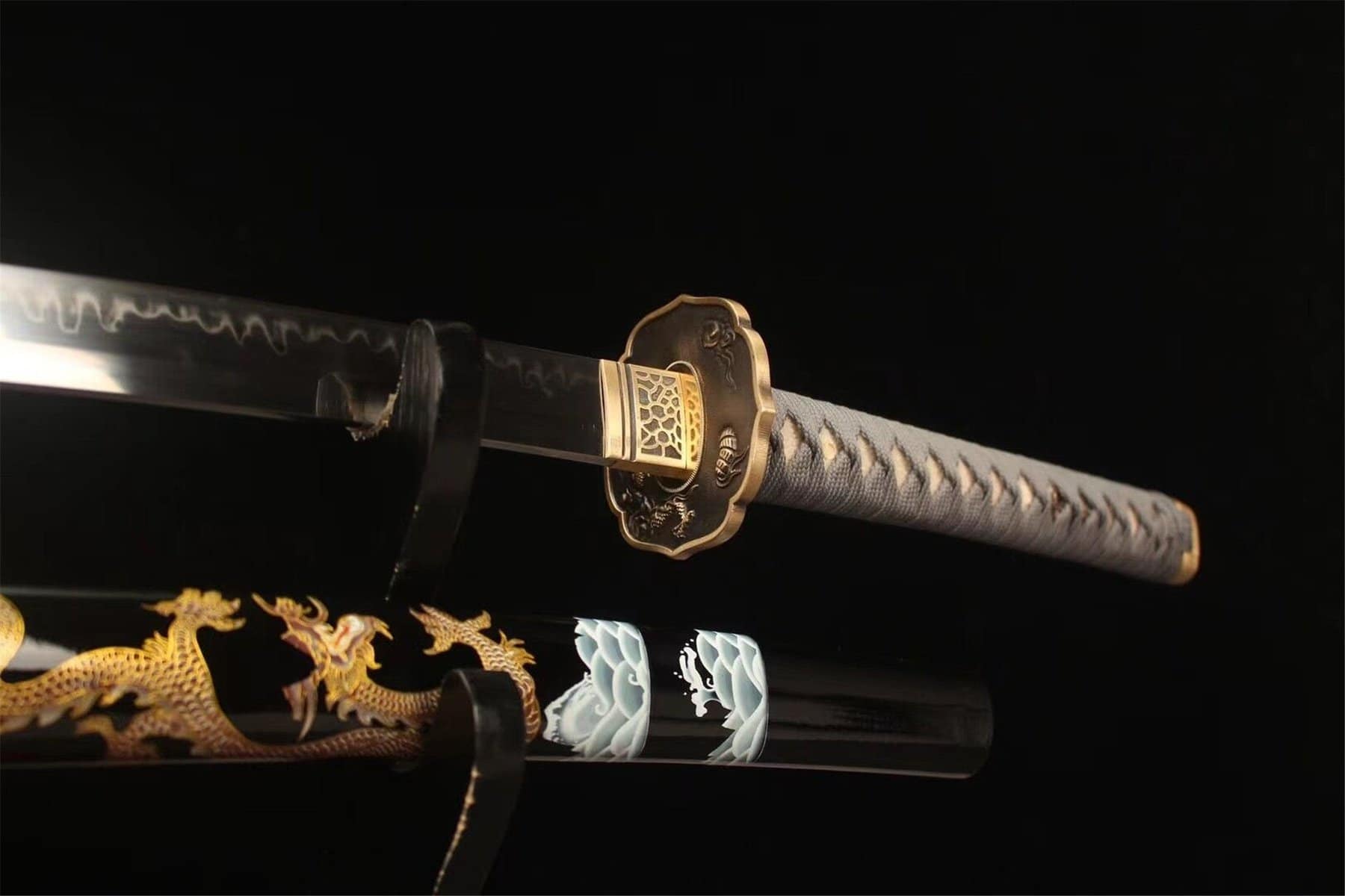 Katana With Grey Handle Golden Dragon