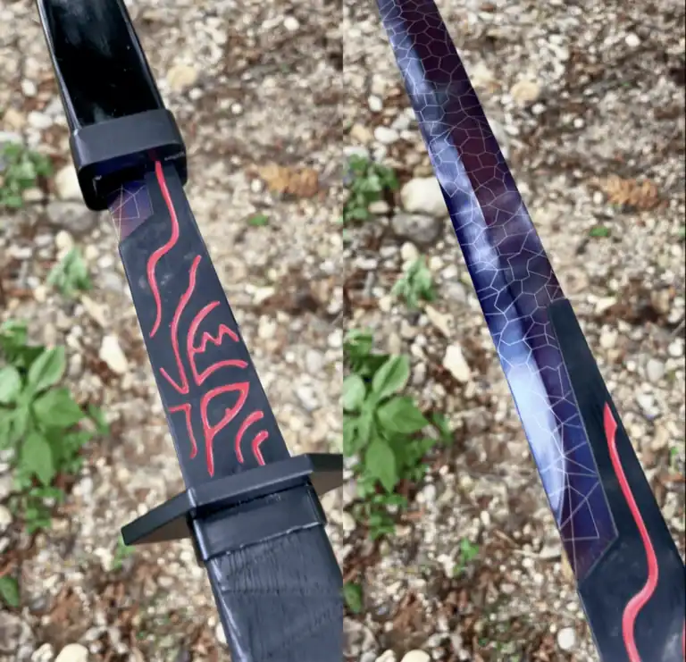 Samurai Katana Sword with red kanji and hexagonal blade pattern.